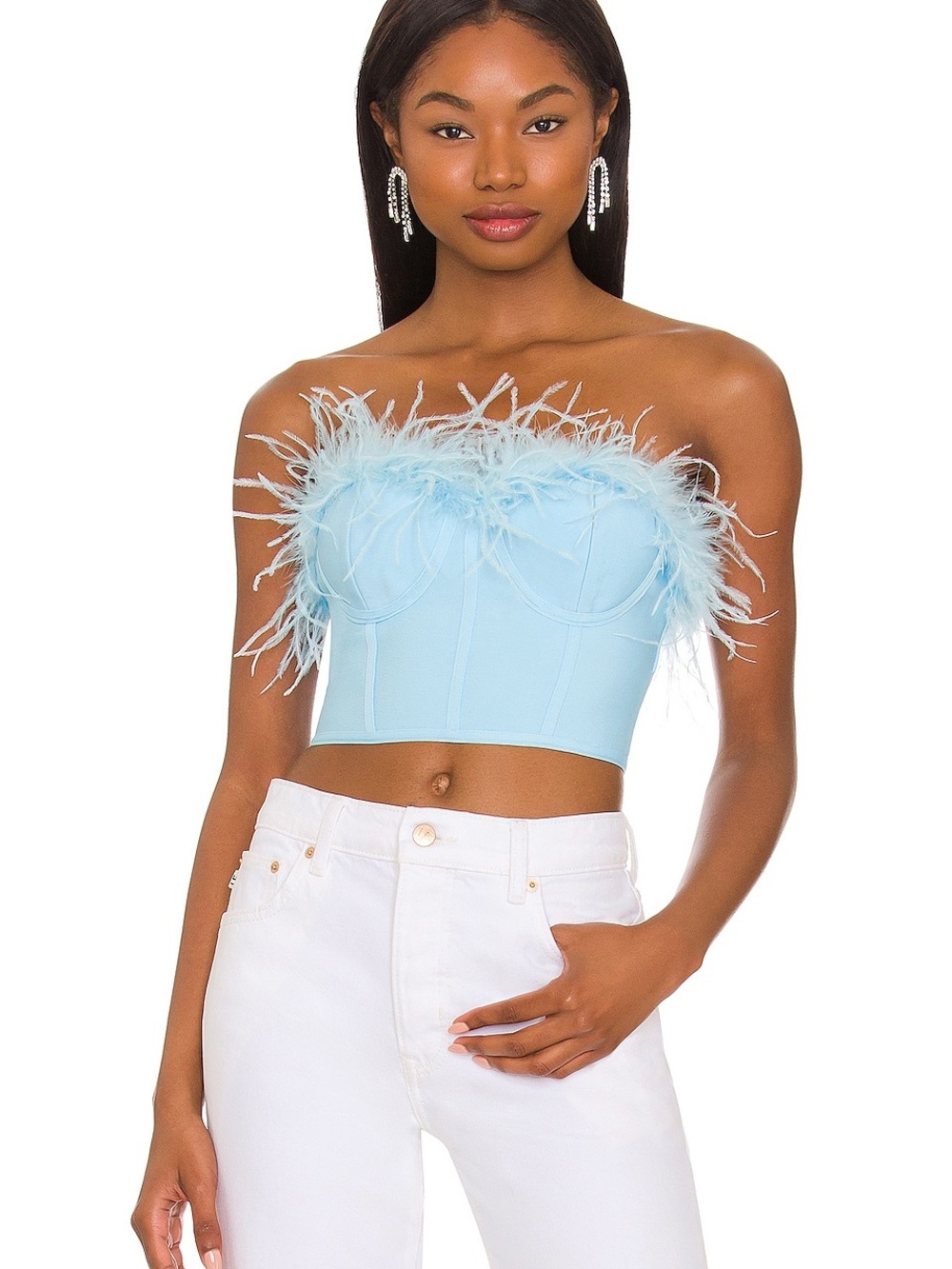 superdown Light Blue Feather Trim Strapless Bustier